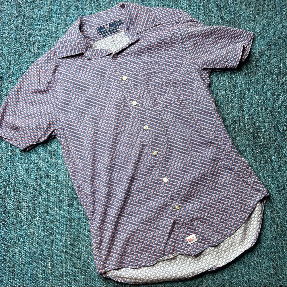 Vinyard Vines Slim Fit Murray Button Up Shirt American Flag Whales Short Sleeve